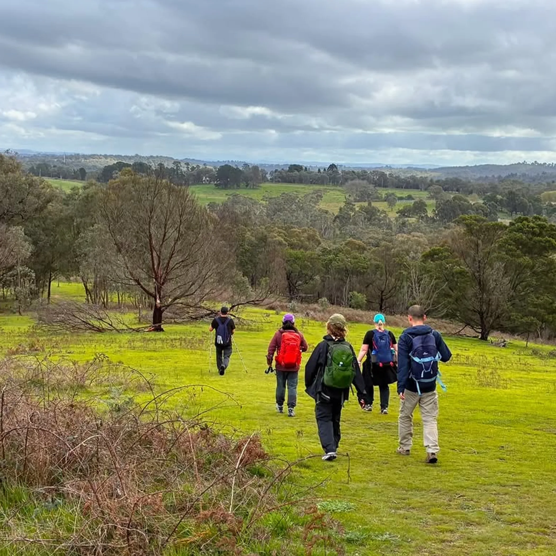 people hiking in cloudy winter weather