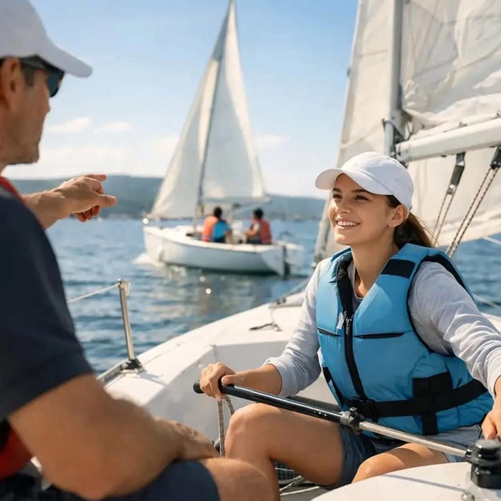 boaters practicing sailing with safety gear