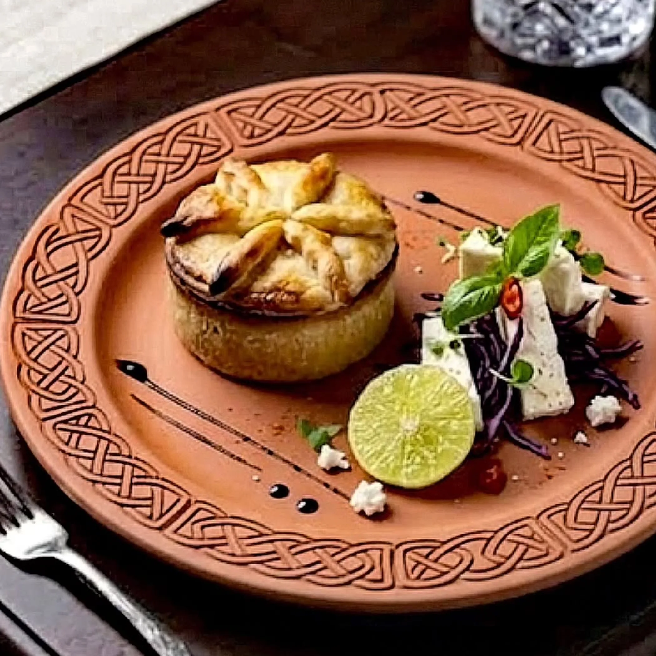 savory pastry, salad, lime, and wine
