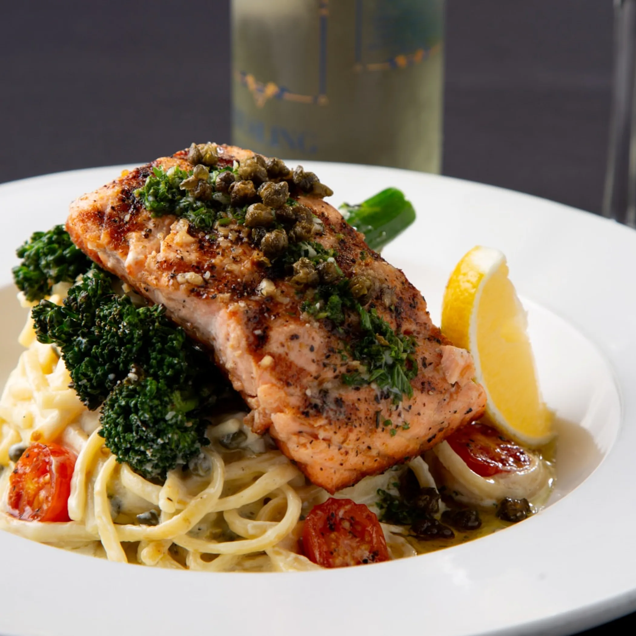 salmon linguine with broccolini and capers